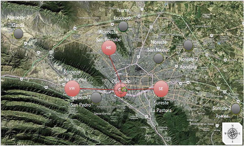 Figure 1. Location of all monitoring stations in the MMA, with sampling sites (red circles) and nonsampling sites (gray circles) for PM2.5 and PMc.