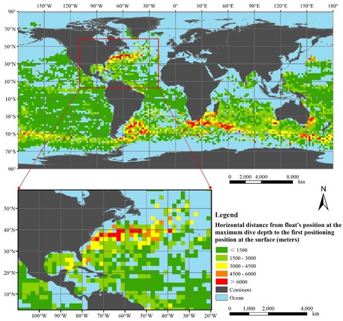 Figure 12. Horizontal distance from the float position at the maximum profiling depth (time: AST; simulated coordinates by the HYCOM subsurface flow field) to the first location position (time: FLT; real coordinates by satellite positioning) at the surface in a global 2°×2° grid.