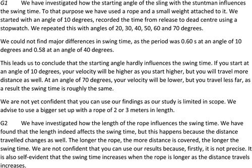 Figure 3. Two exemplary letters to the stunt coordinator in which students explain what has been done and found and whether they have confident in the quality of their own inquiries.