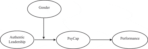 Figure 1. The theoretical mechanism of the conditional indirect effect of authentic leadership on performance