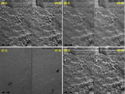 Figure 3. Photomicrographs showing fine surface details reproduced by (A) AccuTrans® AB, (B) Isomark™ T-1 grey, (C) NuCASTtool, and (D) Silmark CART casting materials. The casts labelled (-i) were control casts, while those labeled (-ii) were casts subjected to the 90 °C–1 h protocol. The scalebars represent 200 μm.