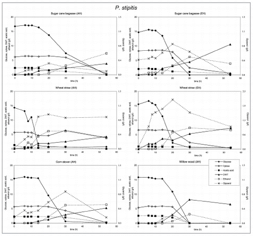 Figure 1 Substrate utilization and product production performance of P. stipitis on sugar cane bagasse (AH), wheat straw (AH), corn stover (AH), glycerol, wheat straw (EH), sugar cane bagasse (EH) and willow wood (AH).