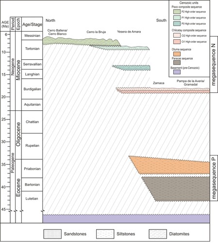 Figure 2. Roughly north (Cerro Ballena) to south (Pampa de la Averia) trending chronostratigraphic chart across the sedimentary fill of the EPB exposed along the Ica River valley. Note the occurrence of two megasequences (P and N) comprising two unconformity-bounded sequences (Paracas and Otuma) and two composite sequences (Chilcatay and Pisco), respectively. In turn, the Chilcatay and Pisco composite sequences include two (Ct1 and Ct2) and three (P0, P1, P2) high-order sequences, respectively. Hachured areas indicate major time gaps. The megasequence P unconformably overlies the underlying basement, and the megasequence N unconformably overlies the megasequence P with a certain time gap, indicating a tectonic event between deposition of the two stratal units.