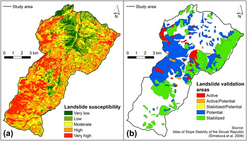 Figure 5. Landslide susceptibility zones (a) and landslide areas from the atlas (Šimeková et al. Citation2006) used for validation (b). (b) Source: Šimeková et al. (2006)