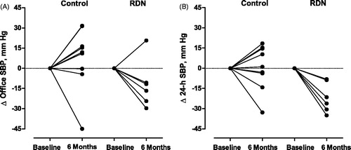 Figure 1. Change (Δ) in office systolic blood pressure (A) and 24-h ambulatory systolic blood pressure (B) from baseline to the 6-months follow-up in individual patients randomized to control (n = 9) or renal denervation (RDN; n = 6). SBP indicates systolic blood pressure.