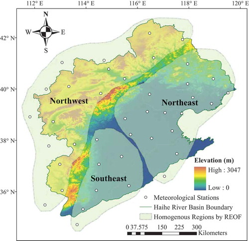 Figure 5. Meteorological stations and homogenous regions obtained by the REOF analysis on the Haihe River Basin.