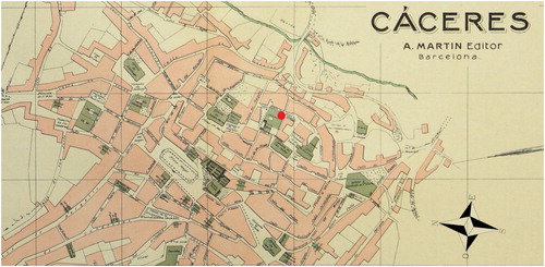 Fig. 2. Old map of the city of Cáceres (Spain) showing the position of the meteorological station located at the terrace of the High School.
