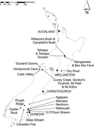 Figure 1  Map of New Zealand showing sites sampled, major cities and other locations discussed in the text. Squares, major cities; circles Simplicia laxa; triangles, Simplicia buchananii.