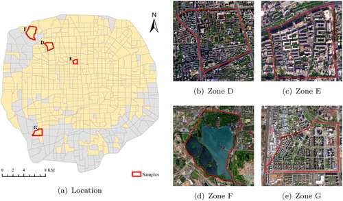 Figure 12. Locations and satellite images of four sample zones. (a) The locations of zones D to G are displayed as polygons with thick outlines. (b–e) Satellite images (from AMAP) of zones D to G. Transparent polygons indicate the zone boundaries.