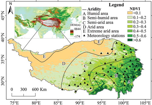 Figure 1. Spatial pattern of aridity and NDVI in the Qinghai–Tibetan Plateau. The 57 meteorological stations used in this study are also plotted.