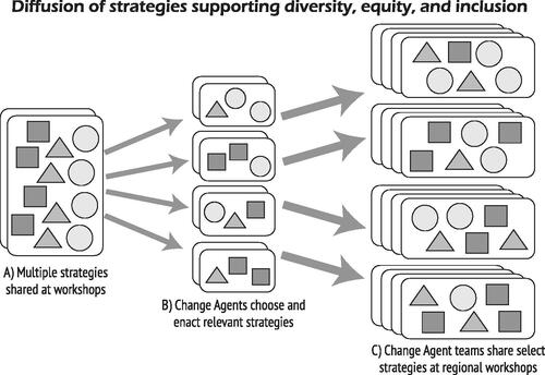 Figure 1. A. Change agents explore diversity, equity, and inclusion strategies, represented by different shapes, at initial workshops. B. They implement some of those strategies in their teaching and programs based on advantage, compatibility, complexity, trialability, observability (Rogers, Citation2010). C. Using some of the resources provided at the initial workshop, combined with first-hand experience, change agents lead regional workshops, diffusing strategies to more faculty beyond immediate participants at initial workshops.