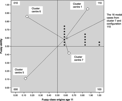 Figure 6 The 155 cases in both configuration 110 and with maximum membership in fuzzy Cluster 7 (with four cluster centres for females).