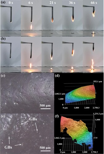 Figure 8. Combustion processes of the (a) PA12 and (b) PA12/GBs components in the air. Surface images and 3D contours of the (c, d) neat PA12 char and (e, f) PA12/GBs char.