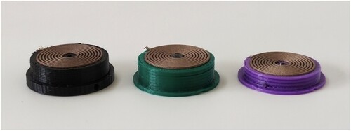Figure 12. Fully 3D-printed solenoids (left to right): air-cored, ten stacked conductive layers (PowerMEMS 2022[Citation40]), iron PLA-cored, eight stacked conductive layers (CPEEE 2023 [Citation41]), and FeSiAl Nylon-cored, eight stacked conductive layers (this work). The PowerMEMS solenoid (left hand side) has a larger dielectric base that was not considered for size comparison. The diameter of the base of the 3D printed solenoids is equal to 30 mm.