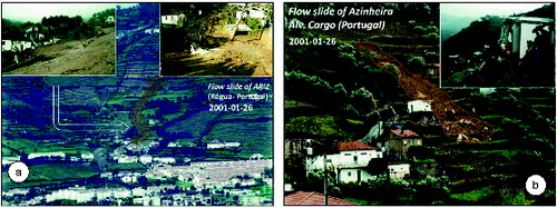 Figure 2. (a) Peso da Régua flow slide; (b) Alvações do Corgo–Santa Marta de Penaguião flow slide.