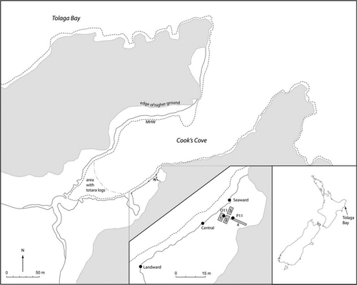 Figure 1  Map of Cook's Cove showing excavation units (1–4) and sampling locations.
