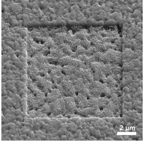 Figure 6. SEM micrograph of a completed CIGS sample surface (equivalent to Sample 3) after sputtering with Ga FIB on a 10 x 10 μm2 area (20 keV, 182 pA).