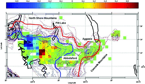 Fig. 8 The predicted VOC/NOx ridgeline based on the [O3]/[NOy] = 7 ratio for all twelve modelled days (four episodes of three days each) using 1985 emissions (red dots) and for all days using 2005 emissions (blue dots). The solid red (blue) line gives the approximate mean position of the 1985 (2005) ridgeline. Also shown are the fixed monitoring network station locations (black squares). For clarity, the ridgelines were truncated west of Vancouver. The coloured areas show the percentage difference in the LFV population density between 2005 and 1985. The blue areas show grid cells whose population density (percentage of total LFV residing in that grid cell) have declined, and the red areas show grid cells whose percentage of the total LFV population have increased.