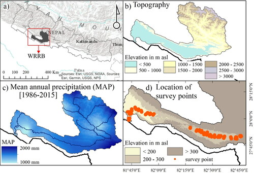 Figure 1. a) Location of the study area shown over the map of Nepal, b) Topography of the West Rapti River basin (WRRB) presented in every 500 m elevation interval, c) mean annual precipitation (1986 – 2015) of the study area, and d) location of survey points (2891 points) at different river cross-sections shown in red and the topography of lower region presented in every 100 m elevation interval.