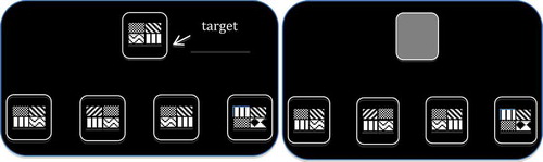 Figure 1. DMS on a touch screen: Simultaneous view of target and stimuli (option 3 is identical to target), and covert (delayed) target (this is not a real CANTAB® DMS sample).