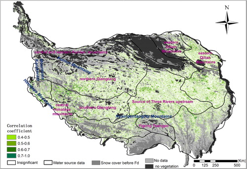 Figure 5. Correlation coefficients between snow melting date and green-up date in the Qinghai-Tibetan Plateau. Areas with insignificant correlations (p > 0.1) are shown in white. In the areas identified as ‘snow cover before Fd’, no snow was detected after the peak date of February 16.