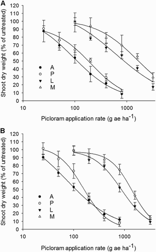 Figure 3. Fitted picloram dose-response curves (on a logarithmic dose scale) for reduction in shoot dry weight for four populations of Chenopodium album (A [dicamba-susceptible] from Waikato maize fields, P [dicamba-susceptible] from Palmerston North, L and M [dicamba-resistant] from Waikato maize fields) in the A, first, and B, second dose-response experiments. Vertical bars represent ± standard error of the mean.