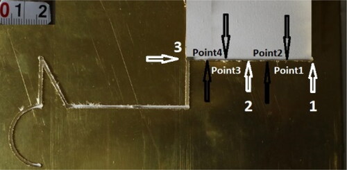 Figure 10. The locations for measuring the Ra (Points 1, 2, 3 and 4) from 0.5 to 15 mm SOD and 5 to 150 mm/min TS on a straight part of the cutting path of the backside of the specimen.