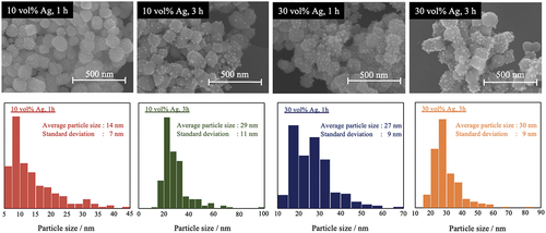 Figure 4. SEM images and particle size distributions of Ag nanoparticles in BaTiO3/Ag nanocomposites.