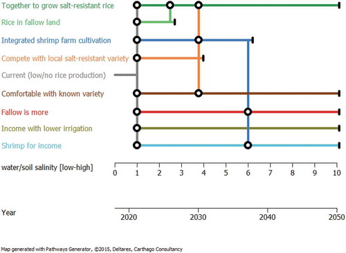 Figure 6. Livelihood adaptation pathway map: farmers possible response to salinization. All are for illustrative purposes only. The black (round) transfer stations illustrate the livelihood adaptation decision from one to other by local farmer communities. The black terminal has illustrated the condition in which a livelihood is not suitable anymore.