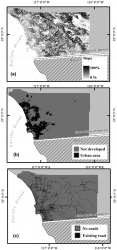 Fig. 8 Input initialization data for San Diego County in year 2010 for the SLEUTH model. Maps of (a) percent terrain slope; (b) urban land cover; and (c) road network.