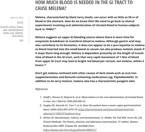 Figure 2. Actual pearl posted on Pearls4Peers authored by an upper-level resident based on the finding of melena in a patient with gastrointestinal bleeding.