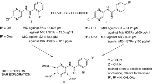 Figure 1. Design of the compounds.MIC: Minimum inhibitory concentration; Mtb: Mycobacterium tuberculosis; SA: Staphylococcus aureus; SAR: Structure–activity relationship.