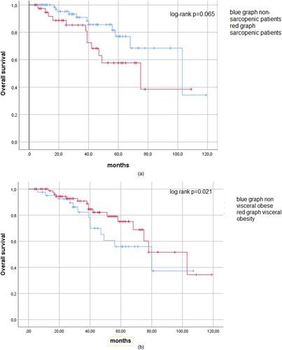 Figure 2. (a) Kaplan–Meier curve for overall survival analysis. There was no statistically significant difference between sarcopenic and non-sarcopenic patients (p = .065). (b) Kaplan–Meier curve regarding overall survival comparing visceral obesity (p = .21)