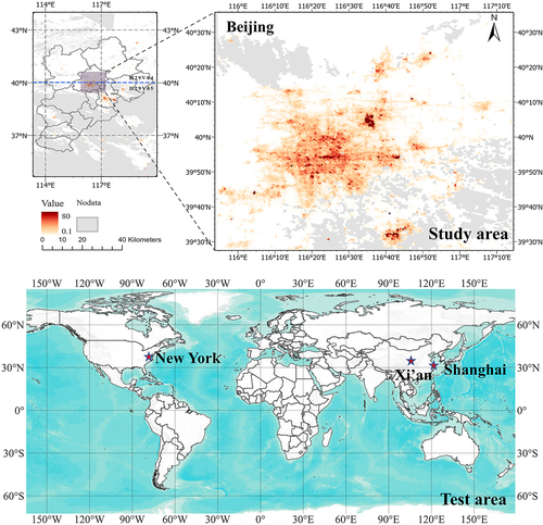 Figure 1. Image of black marble VNP46A2 in the study area of Beijing. Beijing is the region for modelling research, and three cities including Xi’an, Shanghai, and New York are selected as verification test areas.