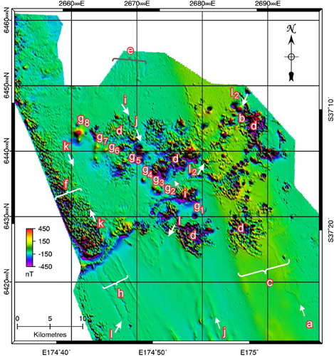 Figure 2. Aeromagnetic anomaly map. Colour, total magnetic intensity (TMI) anomaly, ‘Sun-shading’ from northeast. Annotations ‘a’ to ‘l’ are discussed in the text. Graticule: NZMG, grid interval 10 km.