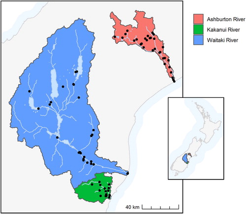 Figure 2. Locations of the 73 sites used to examine relationships between Māori values and landcover in three catchments.