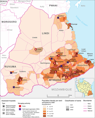 Fig. 1 Hospital facilities in the study area by managing authority.Population densities by ward reflect estimates for 2008 and are based on the 2002 Population and Housing Census (Citation24), adjusted for annual population growth (Citation25). Ward classification was likewise derived from the Census. Layout by Beuth University of Applied Sciences (Berlin).