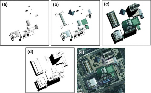 Figure 11. True orthoimage generation process for KWTC (occlusion area: black). (a) Image patches and occlusion areas by 2nd-level superstructures. (b) Image patches and occlusion areas by 1st-level superstructures (c) Image patches and occlusion areas by building roof and superstructures. (d) Occlusion areas. (e) Final true orthoimage.