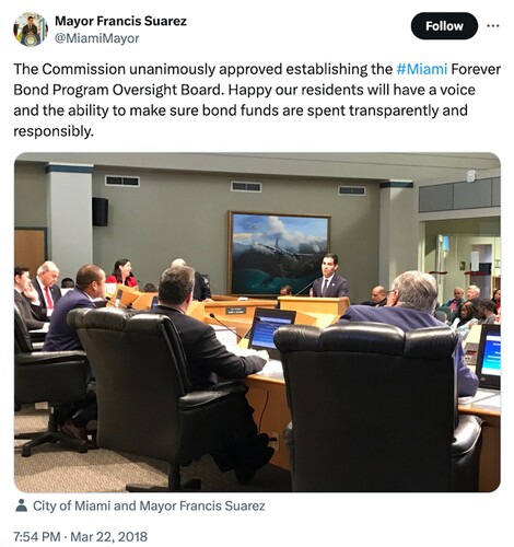 Figure 5. Screenshot of Mayor Francis Suarez’s promotion of the Citizens Oversight Board and Miami Forever Bond projects (Suarez, Citation2018).
