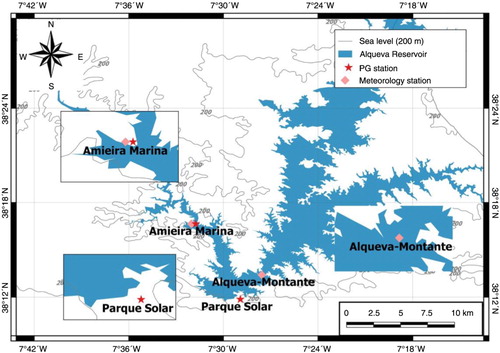 Fig. 1 Geographic location of the two sites used for measurements of the atmospheric electric field: Amieira (AMI) and Parque Solar (PS). The lake meteorological station (Alqueva-Montante) is also depicted. Constant surface elevation lines (200 m) are added in the map.