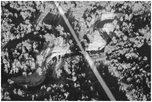 Figure 33 New meanders in the North Pine River, MB, were designed to align the flow with the highway bridge and restore adult rainbow trout habitat.