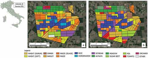 Figure 1. Location of the Jolanda di Savoia estate, and crop maps of the study area for the seasons: a) 2020 and b) 2021.