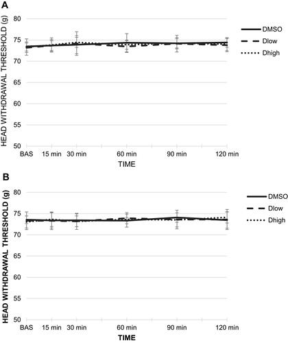 Figure 4 The effect of unilateral intramasseteric administration of AR-C118925 or dimethyl sulfoxide (DMSO) on baseline head withdrawal threshold (HWT). (A) The effect on baseline HWT of AR-C118925/DMSO ipsilateral injection. (B) The effect on baseline HWT of AR-C118925/DMSO contralateral injection.Abbreviations: DMSO, dimethyl sulfoxide; HWT, head withdrawal threshold.