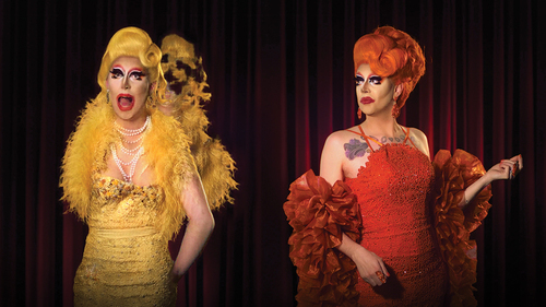 Image 3. Video still from Zizi & Me. Left: Zizi, Right: Me The Drag Queen. Image courtesy of Jake Elwes.