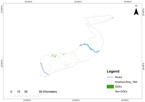 Figure 5. Distribution of GDE within the Khakea–Bray transboundary aquifer region derived from integrated explanatory variables.