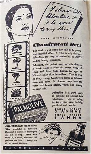 Figure 2. Advertisement for Palmolive soap (Nov. 1940). Source: The Illustrated Weekly of India (Bombay) (6 Oct. 1940), p. 2, British Library, London, UK.