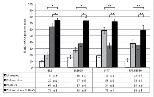 Figure 7. Combined effect of nutlin-3 and chloroquine treatments on apoptosis in EBV-negative and -positive latency III lymphoid cell lines. Cells were incubated with or without chloroquine (100 μM) for 2 h, followed by an incubation in the absence or presence of nutlin-3 for 24 h. Apoptosis was then measured by flow cytometry detection of ANXA5-FITC-positive cells (whether PI-positive or not). Values are means from at least 5 independent experiments, error bars represent standard deviation (SD). Statistical analyses were performed using the nonparametric Mann-Whitney test with Bonferroni correction to compare results obtained after treatment with chloroquine and nutlin-3 to those obtained after treatment with only one of these compounds. Statistical significance is as follows: *, P < 0.005; **P < 0.0005.