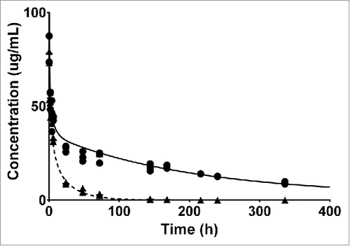 Figure 2. Individual plasma PK data of FcRn WT (circles) and FcRn− (triangles) anti-gD antibody are overlaid with the model predicted plasma PK.