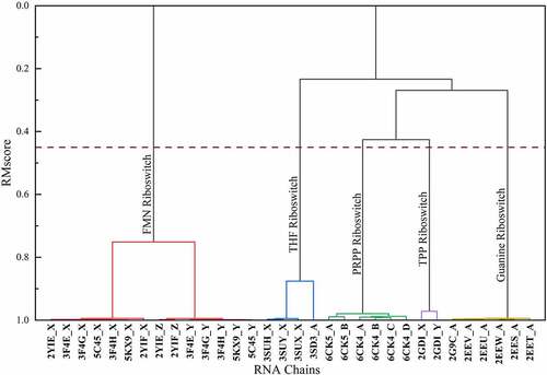 Figure 1. An example of hierarchical clustering results of riboswitches. We calculated the similarity matrix of 32 riboswitch structures from 10 riboswitch-containing structures and grouped them by hierarchical clustering. The hierarchical clusters are reported as a tree (or dendrogram). The x axis represents RNA structure ID. The y axis is the distance between two clusters. The dashed line represents the cut-off of clustering