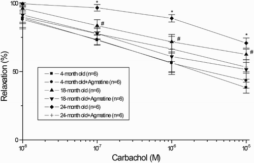 Figure 4. Carbachol concentration–response curves in isolated thoracic aortic rings pre-contracted with phenylephrine (10−6 M). The concentration–response curve for carbachol was shifted to the right with significantly lower values of Em and pD2 in the 24-month-old group than in 4-month-old controls (*P < .05). Impairment of relaxation in the agmatine treatment group was returned to that seen in the controls. Each point is expressed as a percentage of the contraction induced by phenylephrine and is represented as the mean ± SEM. The values in parentheses indicate the number of preparations used; *P < .05, different from the response of tissue rings from 4-month-old young control rats.